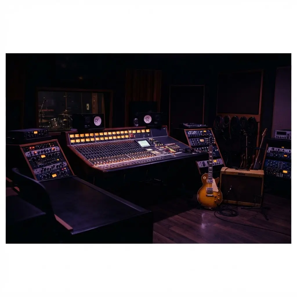 A moody professional recording studio at night