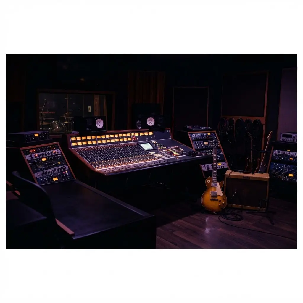 A moody professional recording studio at night